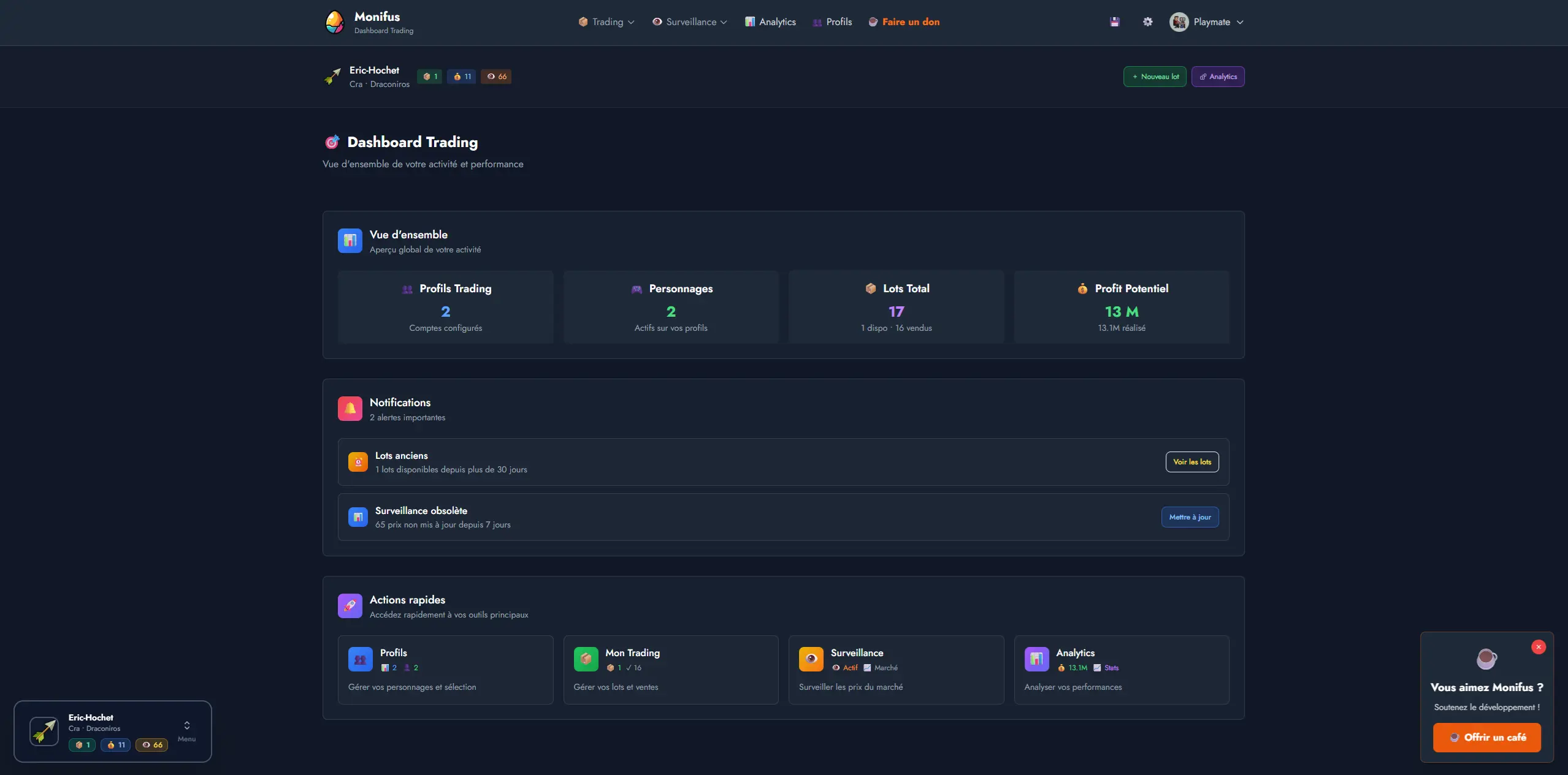 Dashboard Monifus - Marketplace Dofus avec analytics temps réel